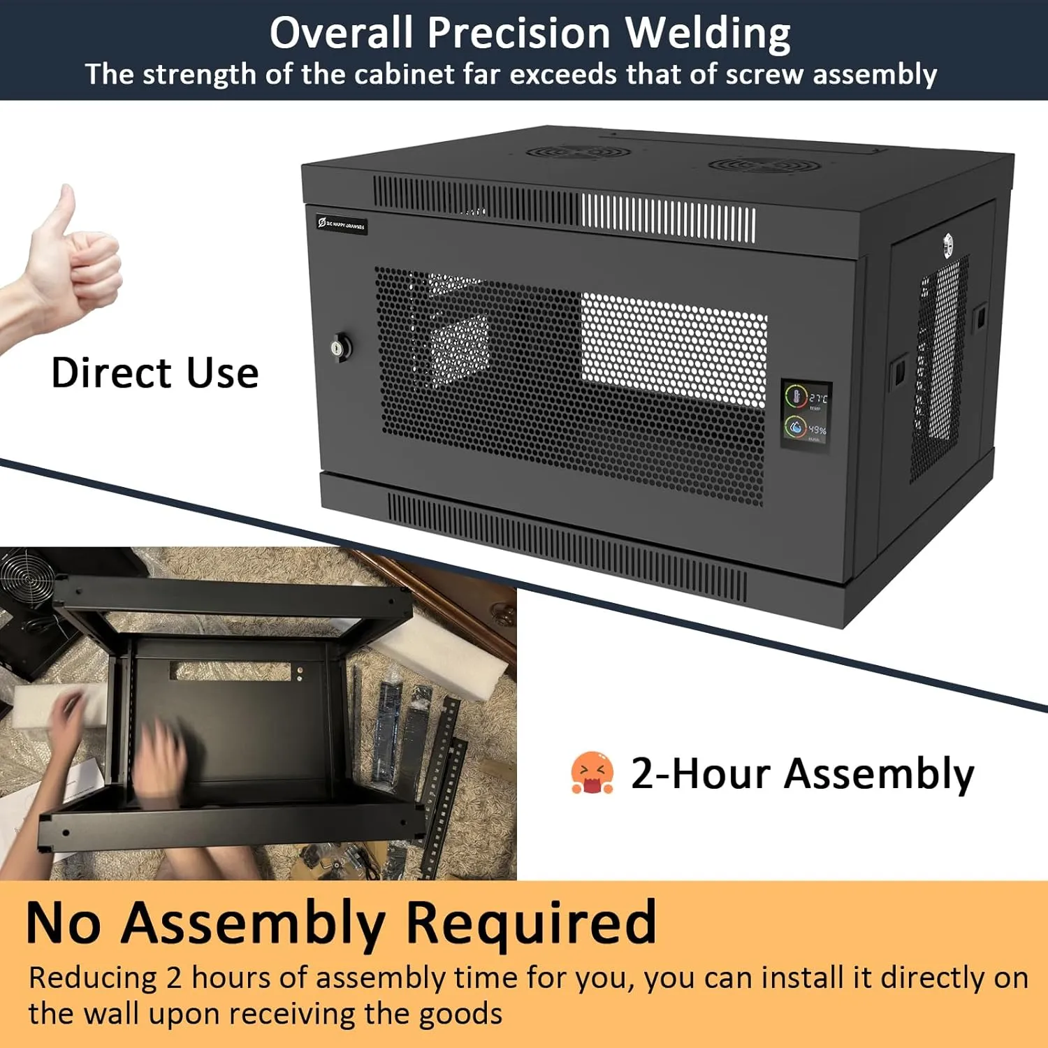 6U/9U/12U Wall Mount Rack Server Rack Enclosure with Temp & Humi Display, Locks, Network Cabinet 17.7” Deep, 19 Inch Server Cabinet for IT/A/V Devices (6U Fully Assembled No Fans)