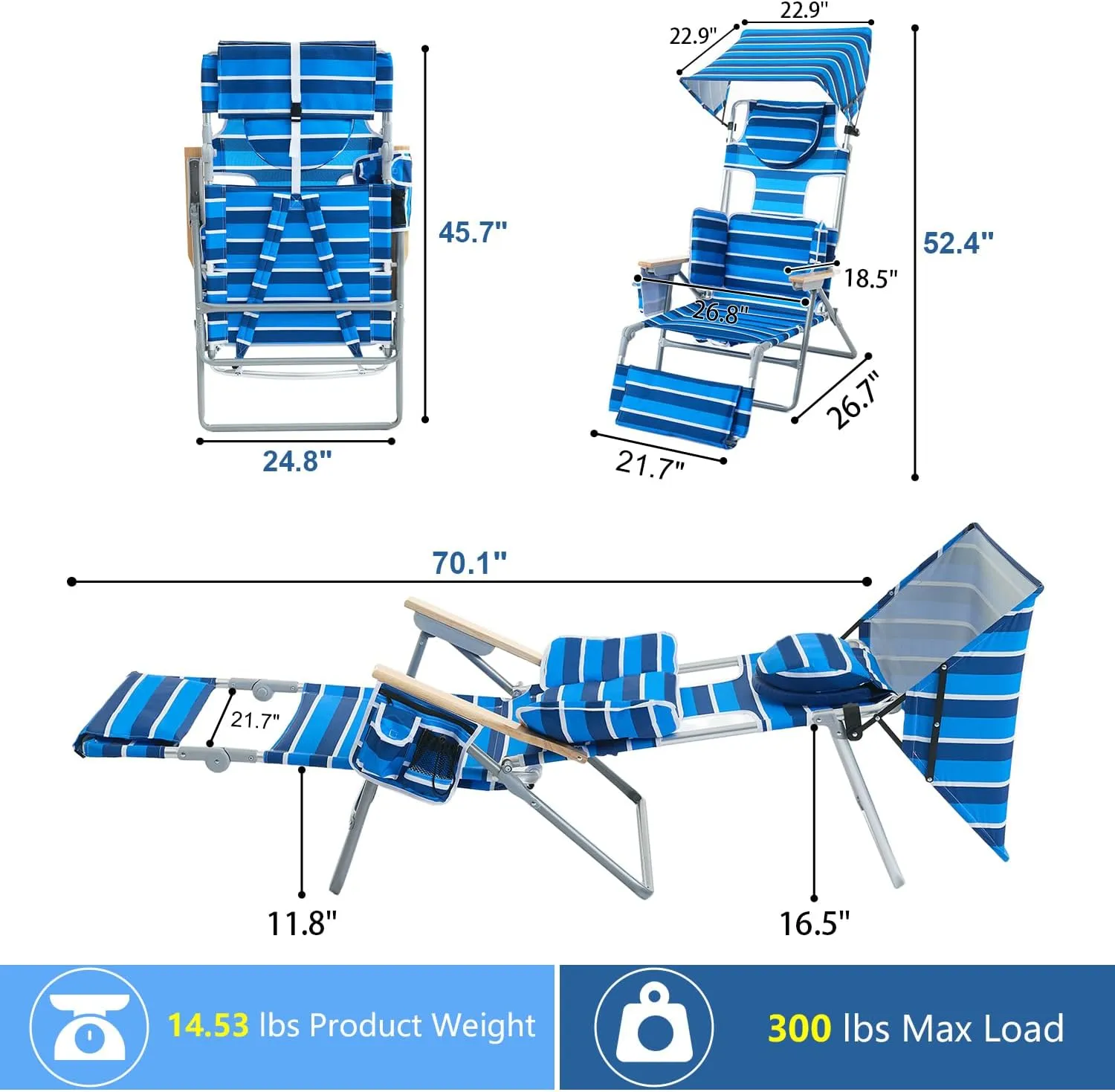 70'' Extra Long Beach Lounge Chair, Tanning Chair with Canopy & Face Holes & Arm Holes & Storage Pocket, Adjustable Foldable Recliner with Carry Strap (1, Navy Stripe)