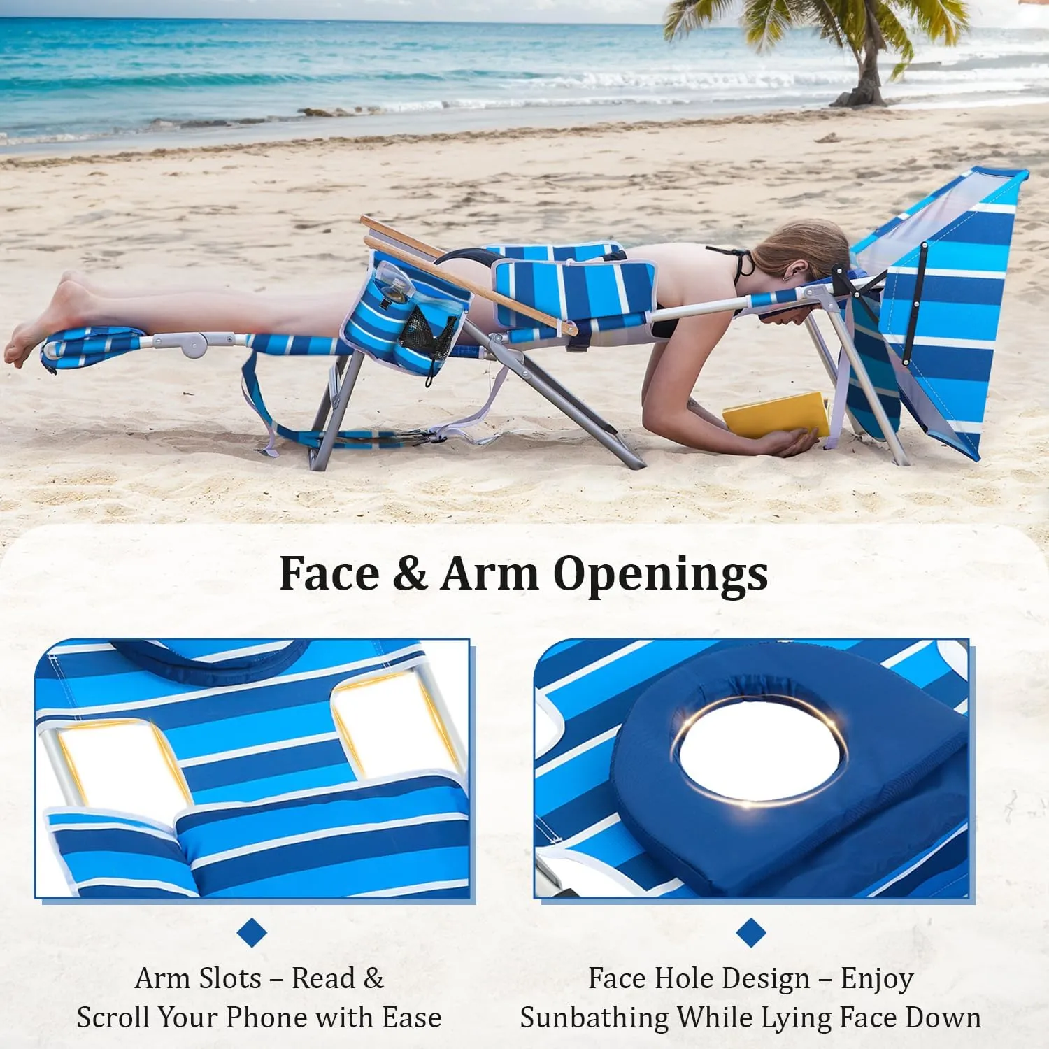 70'' Extra Long Beach Lounge Chair, Tanning Chair with Canopy & Face Holes & Arm Holes & Storage Pocket, Adjustable Foldable Recliner with Carry Strap (1, Navy Stripe)