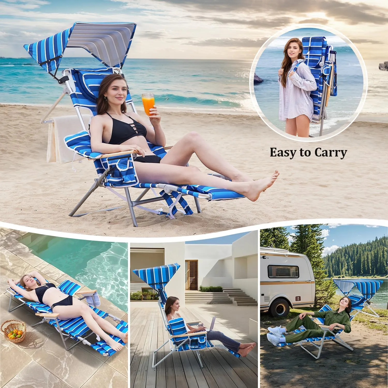 70'' Extra Long Beach Lounge Chair, Tanning Chair with Canopy & Face Holes & Arm Holes & Storage Pocket, Adjustable Foldable Recliner with Carry Strap (1, Navy Stripe)