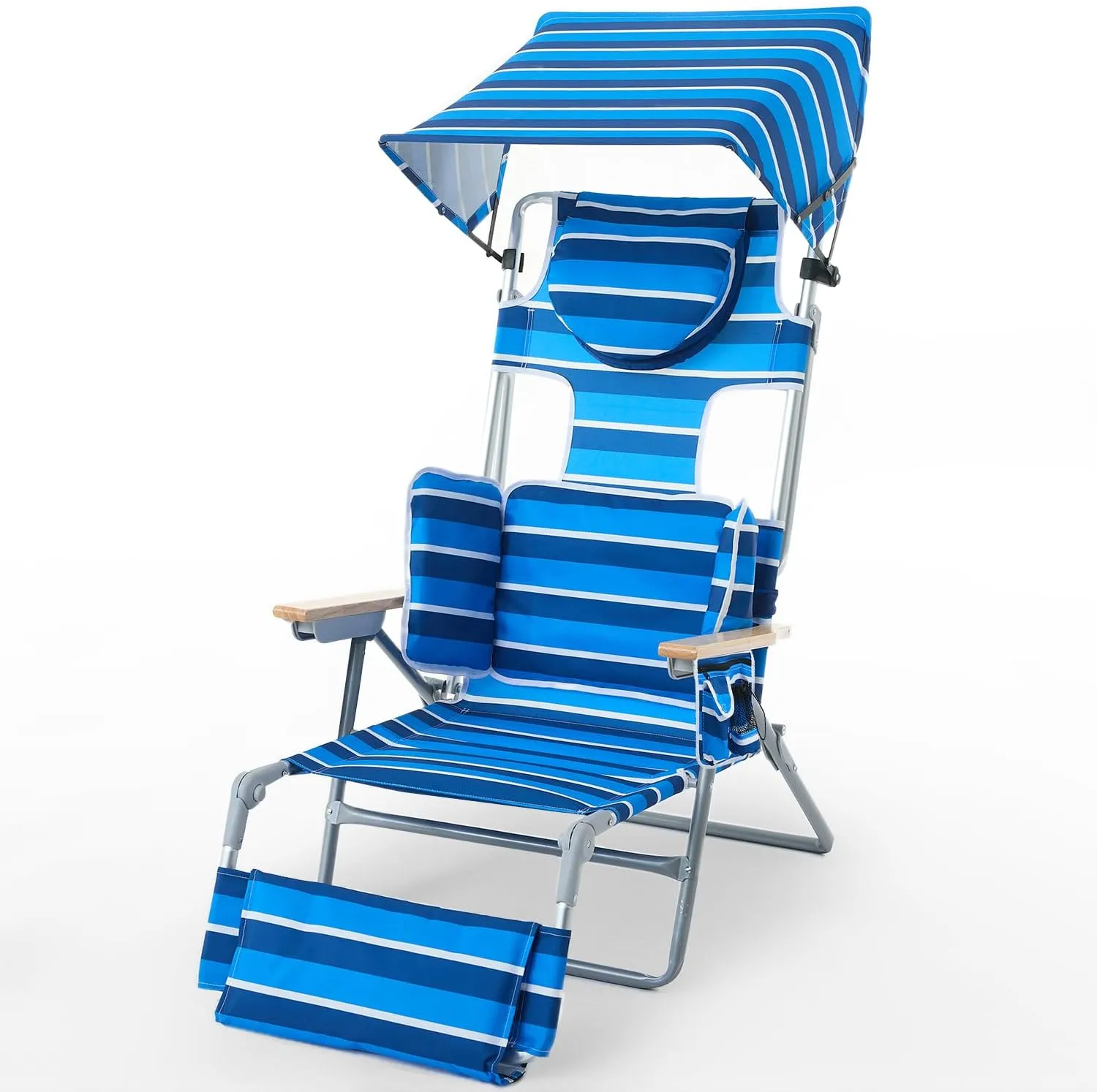 70'' Extra Long Beach Lounge Chair, Tanning Chair with Canopy & Face Holes & Arm Holes & Storage Pocket, Adjustable Foldable Recliner with Carry Strap (1, Navy Stripe)