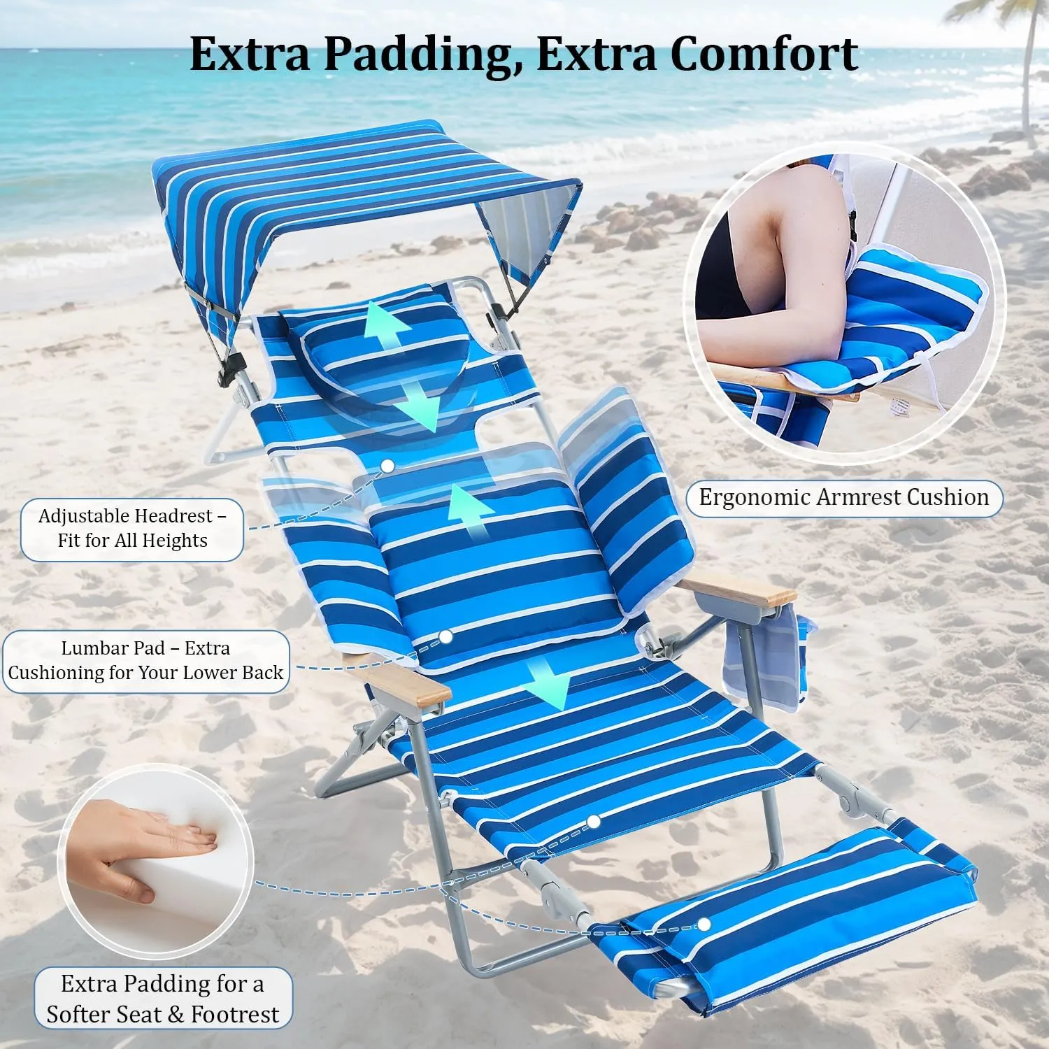 70'' Extra Long Beach Lounge Chair, Tanning Chair with Canopy & Face Holes & Arm Holes & Storage Pocket, Adjustable Foldable Recliner with Carry Strap (1, Navy Stripe)