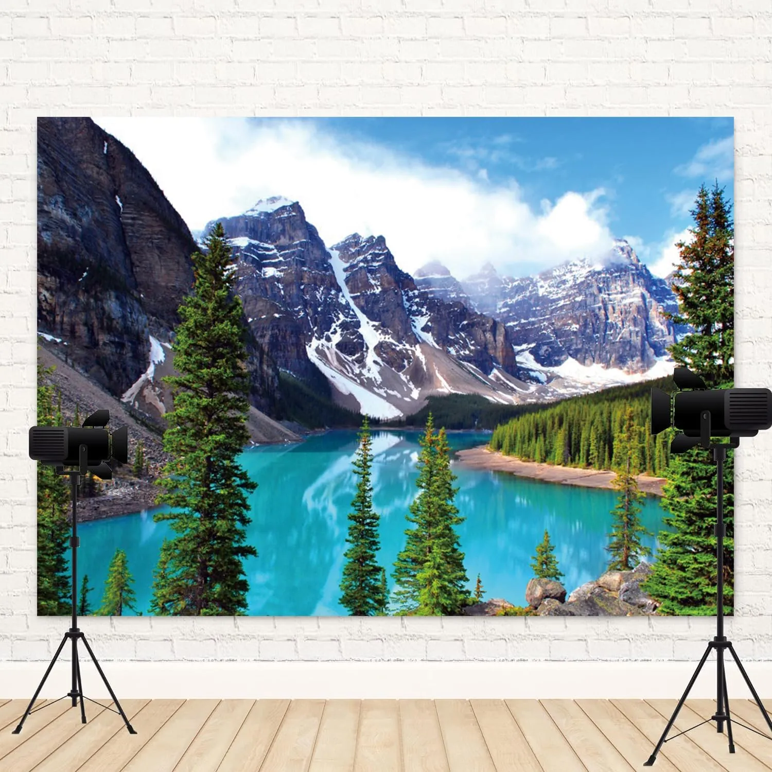 7x5ft Mountain Backdrop Spring Scenery Blue Lake Photography Background Canada Banff National Park Moraine Lake Decorations Green Forest Pine Trees Camping Picnic Party Photo Booth Prop