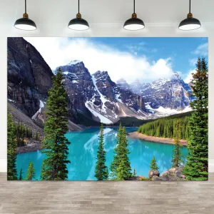 7x5ft Mountain Backdrop Spring Scenery Blue Lake Photography Background Canada Banff National Park Moraine Lake Decorations Green Forest Pine Trees Camping Picnic Party Photo Booth Prop