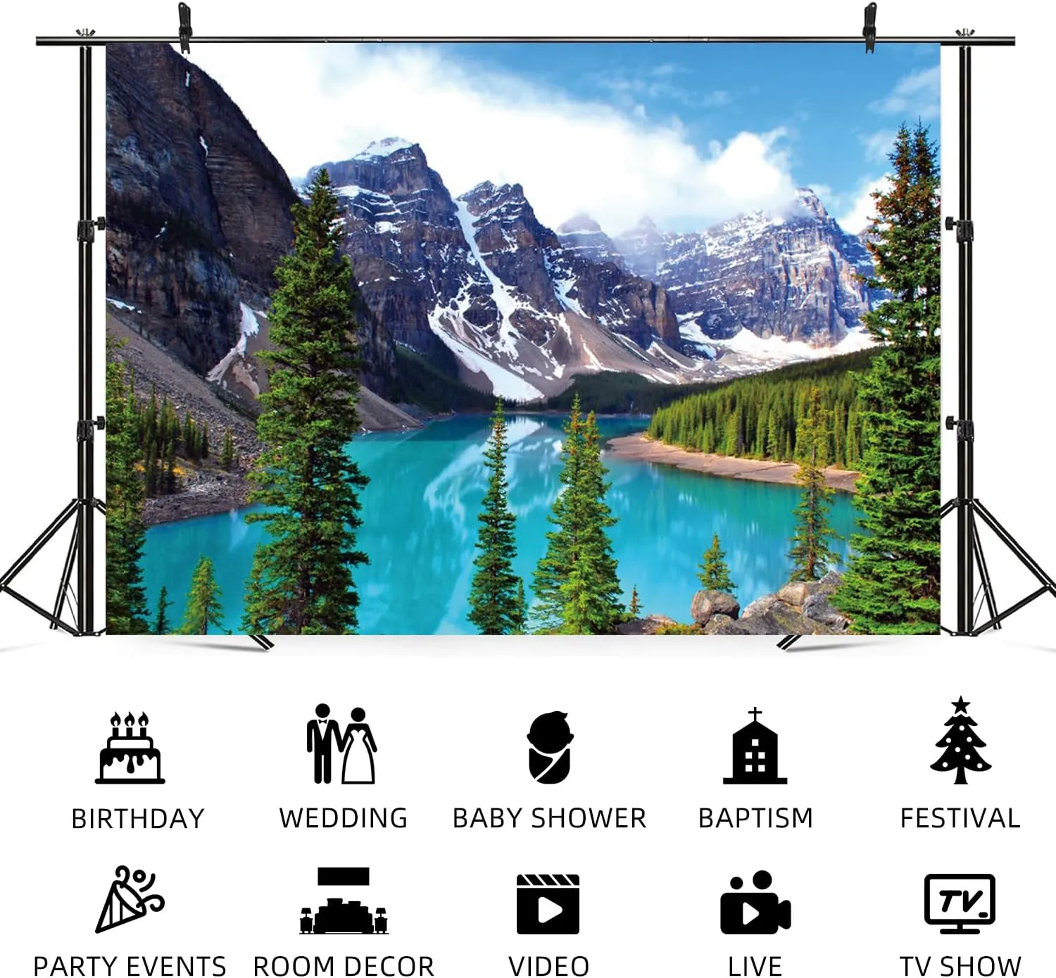 7x5ft Mountain Backdrop Spring Scenery Blue Lake Photography Background Canada Banff National Park Moraine Lake Decorations Green Forest Pine Trees Camping Picnic Party Photo Booth Prop
