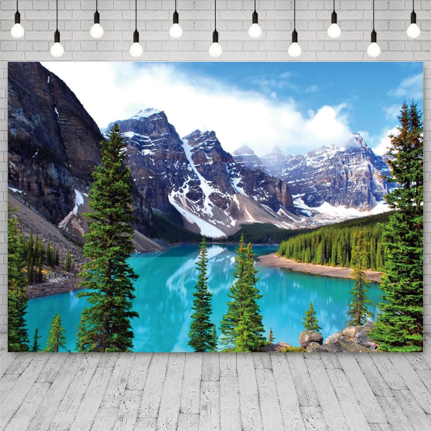 7x5ft Mountain Backdrop Spring Scenery Blue Lake Photography Background Canada Banff National Park Moraine Lake Decorations Green Forest Pine Trees Camping Picnic Party Photo Booth Prop