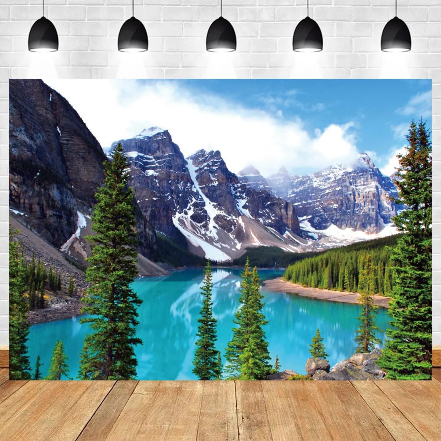 7x5ft Mountain Backdrop Spring Scenery Blue Lake Photography Background Canada Banff National Park Moraine Lake Decorations Green Forest Pine Trees Camping Picnic Party Photo Booth Prop
