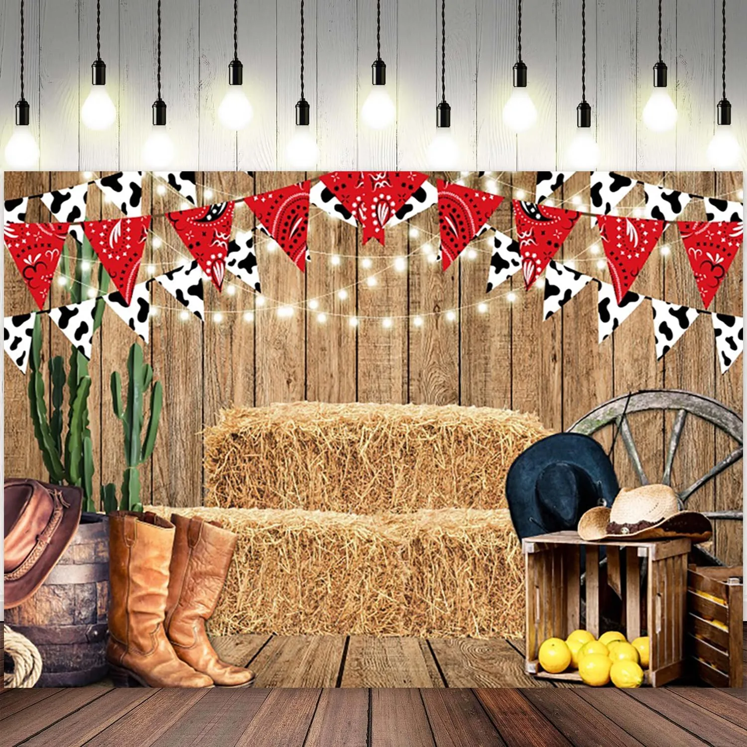 7x5ft Western Cowboy Backdrop West Rustic Wooden Board Photography Background Wild West Rodeo Cactus Haystack Boot Hat Boys Birthdays Party Banner Decorations Baby Shower Photo Booth Prop