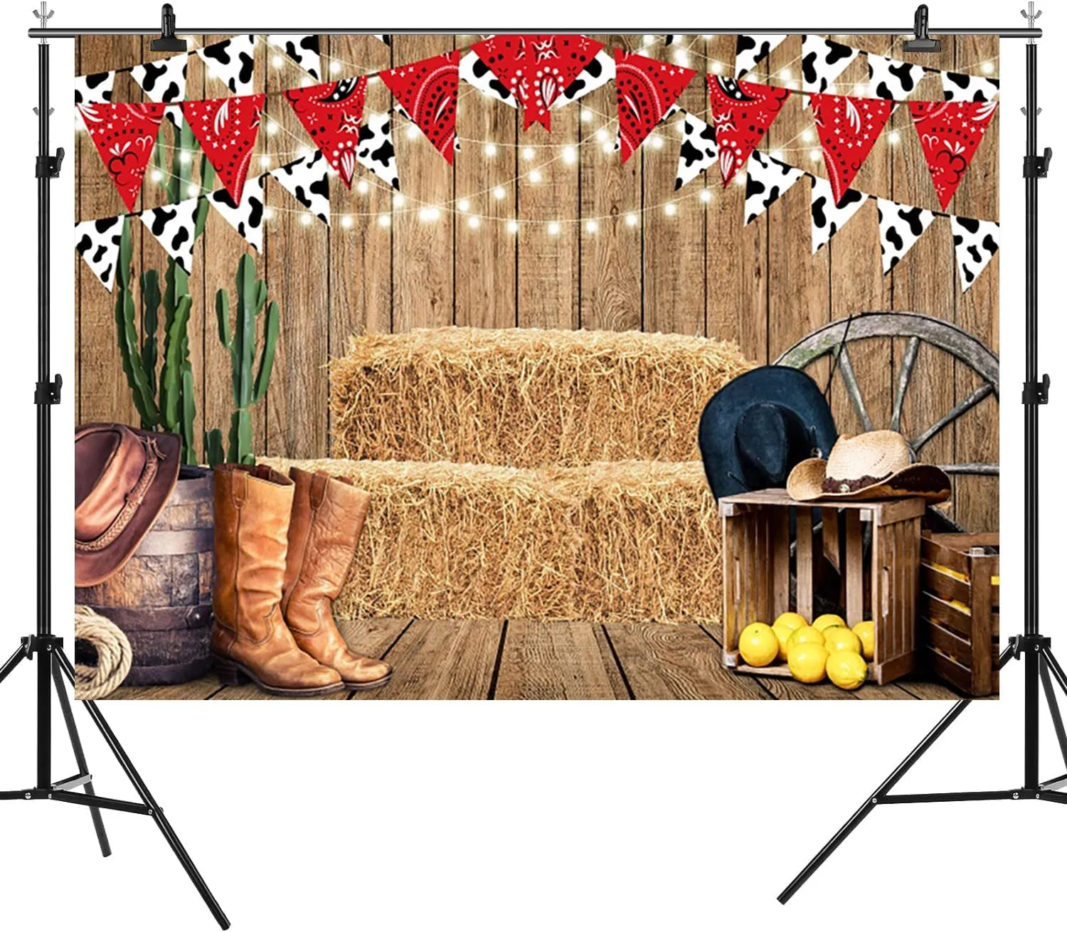 7x5ft Western Cowboy Backdrop West Rustic Wooden Board Photography Background Wild West Rodeo Cactus Haystack Boot Hat Boys Birthdays Party Banner Decorations Baby Shower Photo Booth Prop