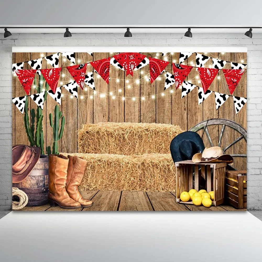 7x5ft Western Cowboy Backdrop West Rustic Wooden Board Photography Background Wild West Rodeo Cactus Haystack Boot Hat Boys Birthdays Party Banner Decorations Baby Shower Photo Booth Prop