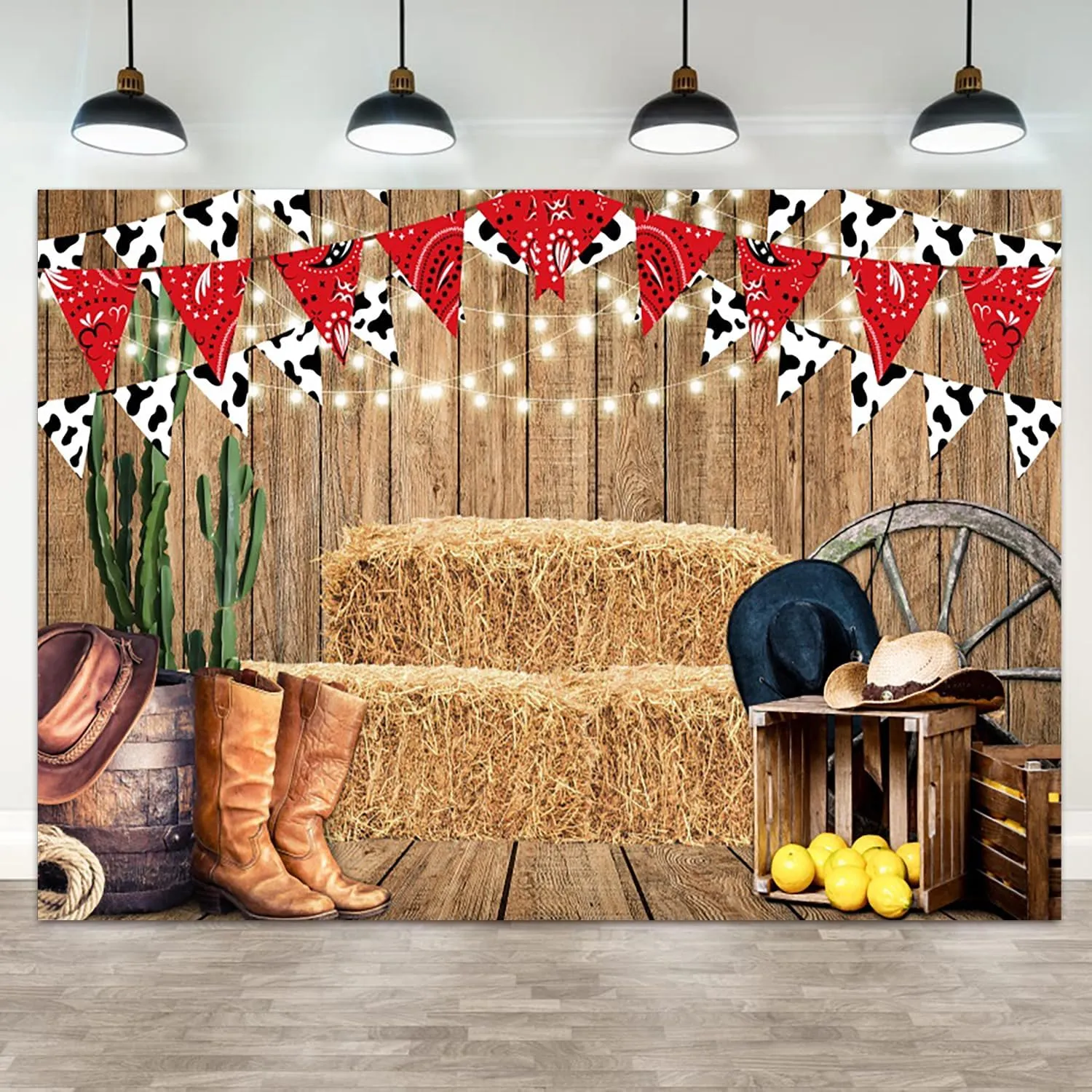 7x5ft Western Cowboy Backdrop West Rustic Wooden Board Photography Background Wild West Rodeo Cactus Haystack Boot Hat Boys Birthdays Party Banner Decorations Baby Shower Photo Booth Prop