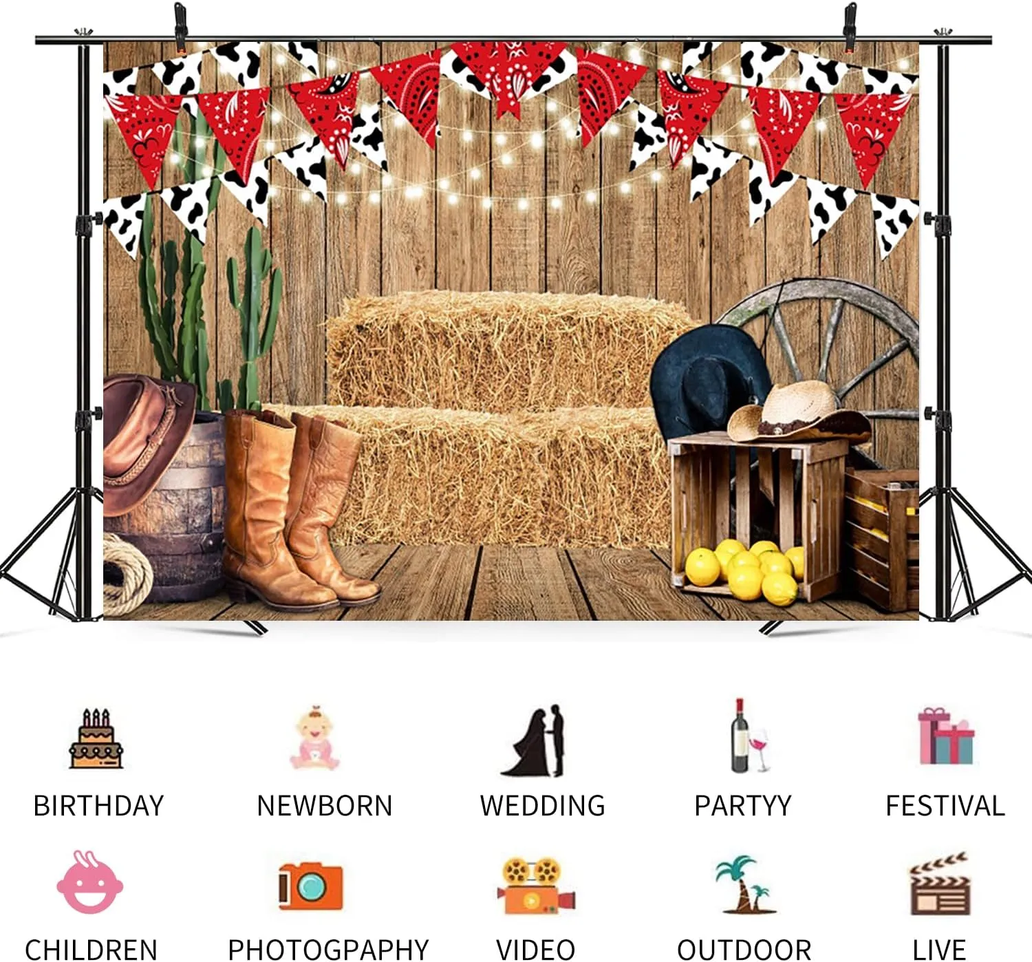 7x5ft Western Cowboy Backdrop West Rustic Wooden Board Photography Background Wild West Rodeo Cactus Haystack Boot Hat Boys Birthdays Party Banner Decorations Baby Shower Photo Booth Prop