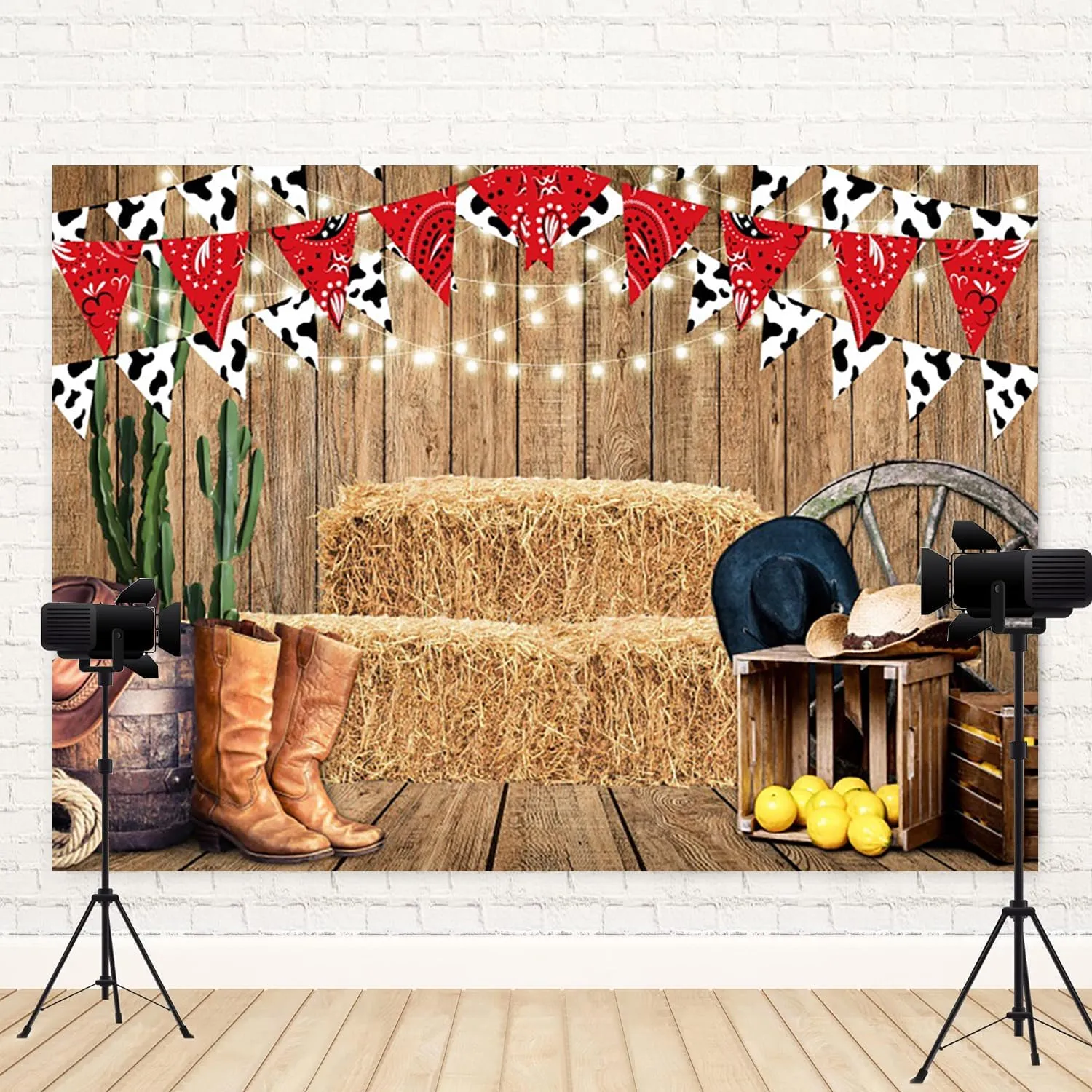 7x5ft Western Cowboy Backdrop West Rustic Wooden Board Photography Background Wild West Rodeo Cactus Haystack Boot Hat Boys Birthdays Party Banner Decorations Baby Shower Photo Booth Prop