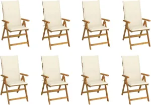 8-Piece Solid Acacia Wood Folding Patio Chairs Set with Cream Cushions - Adjustable Outdoor Dining Furniture for Garden, Beach, Poolside