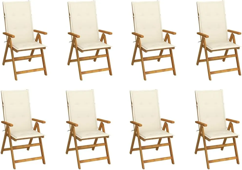 8-Piece Solid Acacia Wood Folding Patio Chairs Set with Cream Cushions - Adjustable Outdoor Dining Furniture for Garden, Beach, Poolside