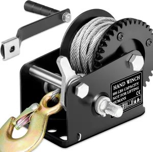 800lbs Capacity Heavy Duty Hand Winch, Crank Strap Gear Winch with 26 feet Steel Cable, Manual Operated Two-Way Ratchet ATV Boat Trailer Marine
