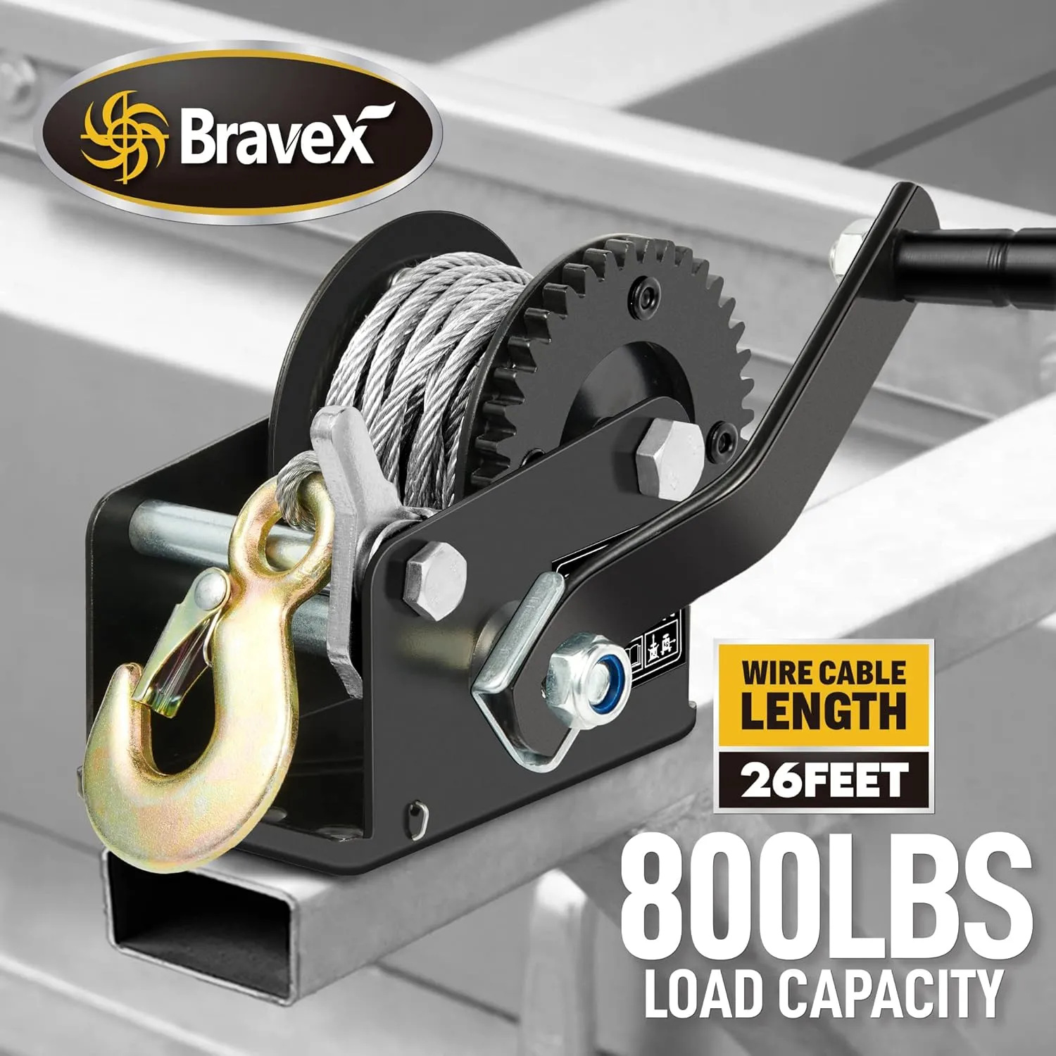 800lbs Capacity Heavy Duty Hand Winch, Crank Strap Gear Winch with 26 feet Steel Cable, Manual Operated Two-Way Ratchet ATV Boat Trailer Marine