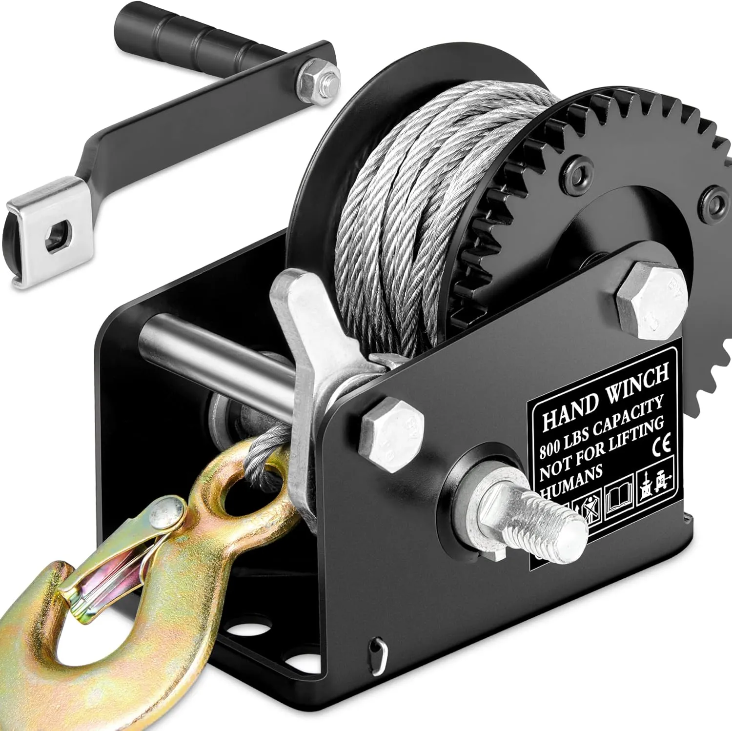 800lbs Capacity Heavy Duty Hand Winch, Crank Strap Gear Winch with 26 feet Steel Cable, Manual Operated Two-Way Ratchet ATV Boat Trailer Marine