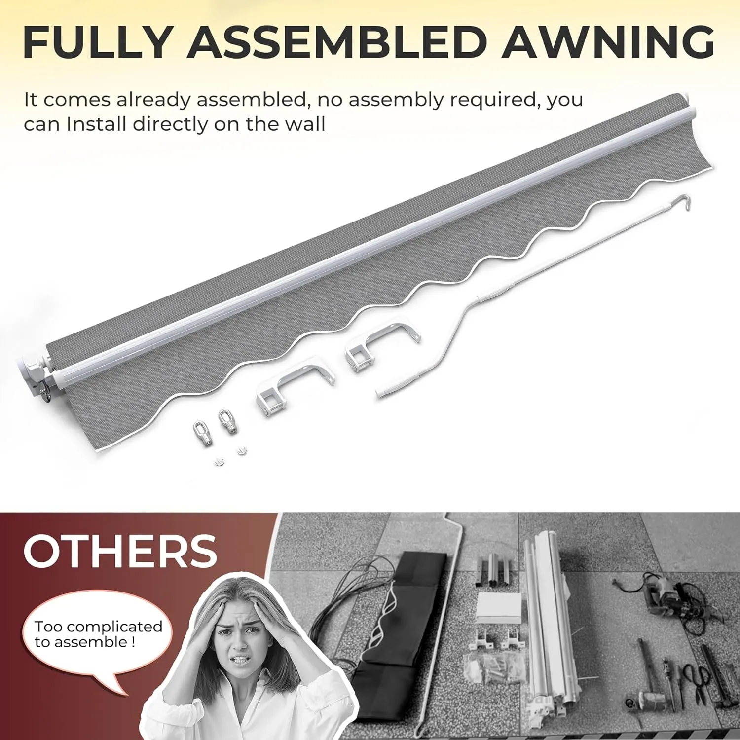 8.2'x6.5' Patio Awning Retractable Fully Assembled, Manual Sunshade Shelter Outdoor Deck Canopy Balcony Awning Cover with Crank Handle - Premium Quality 280G Ployester Aluminum Frame, Grey