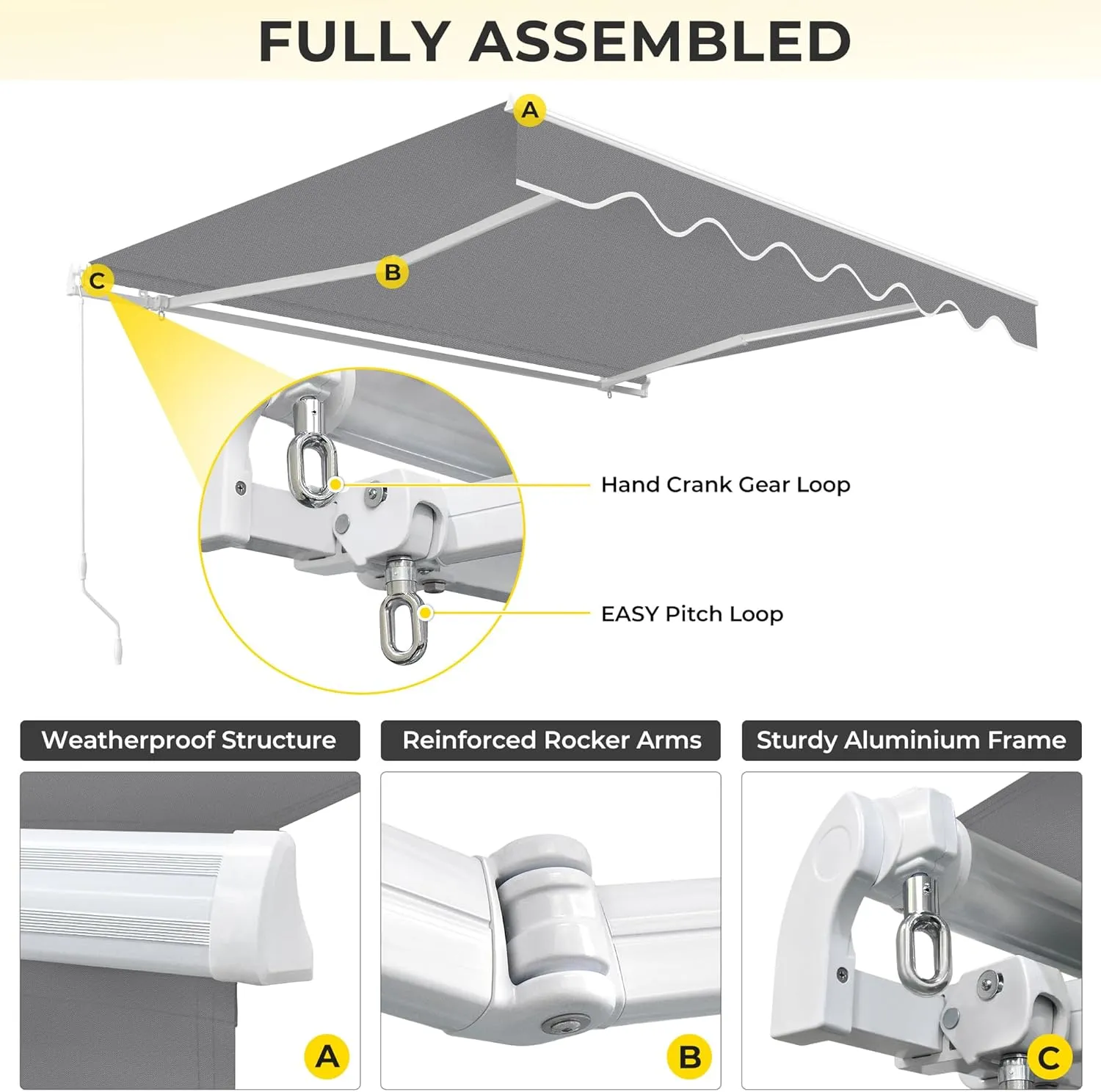 8.2'x6.5' Patio Awning Retractable Fully Assembled, Manual Sunshade Shelter Outdoor Deck Canopy Balcony Awning Cover with Crank Handle - Premium Quality 280G Ployester Aluminum Frame, Grey