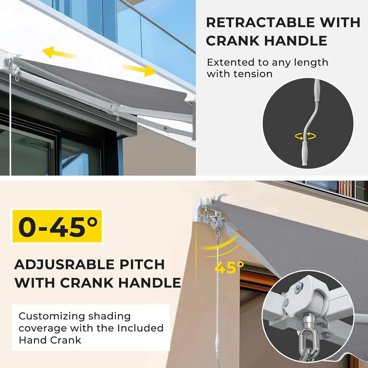 8.2'x6.5' Patio Awning Retractable Fully Assembled, Manual Sunshade Shelter Outdoor Deck Canopy Balcony Awning Cover with Crank Handle - Premium Quality 280G Ployester Aluminum Frame, Grey