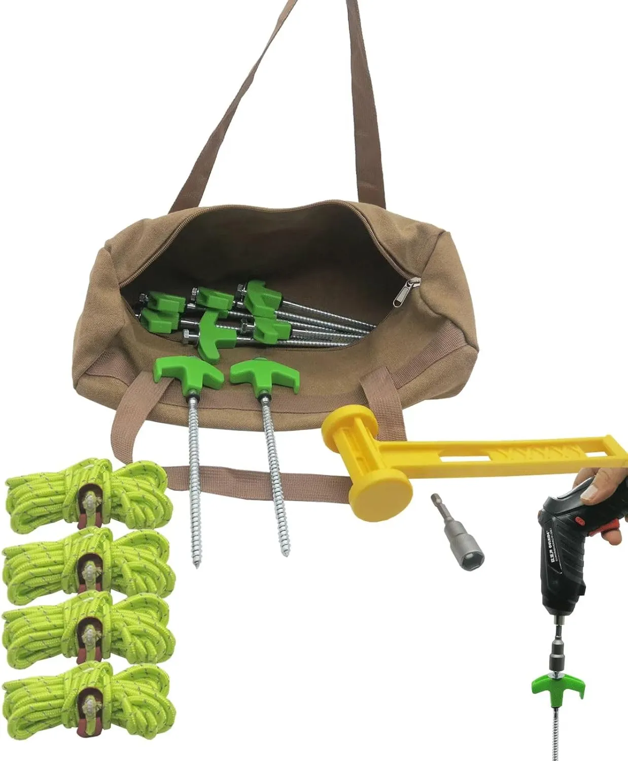8" Heavy Duty Screw in Tent Stakes 8pcs with Hex Head Driver & Tent Stakes Bag & Reflective Rope & Hammer