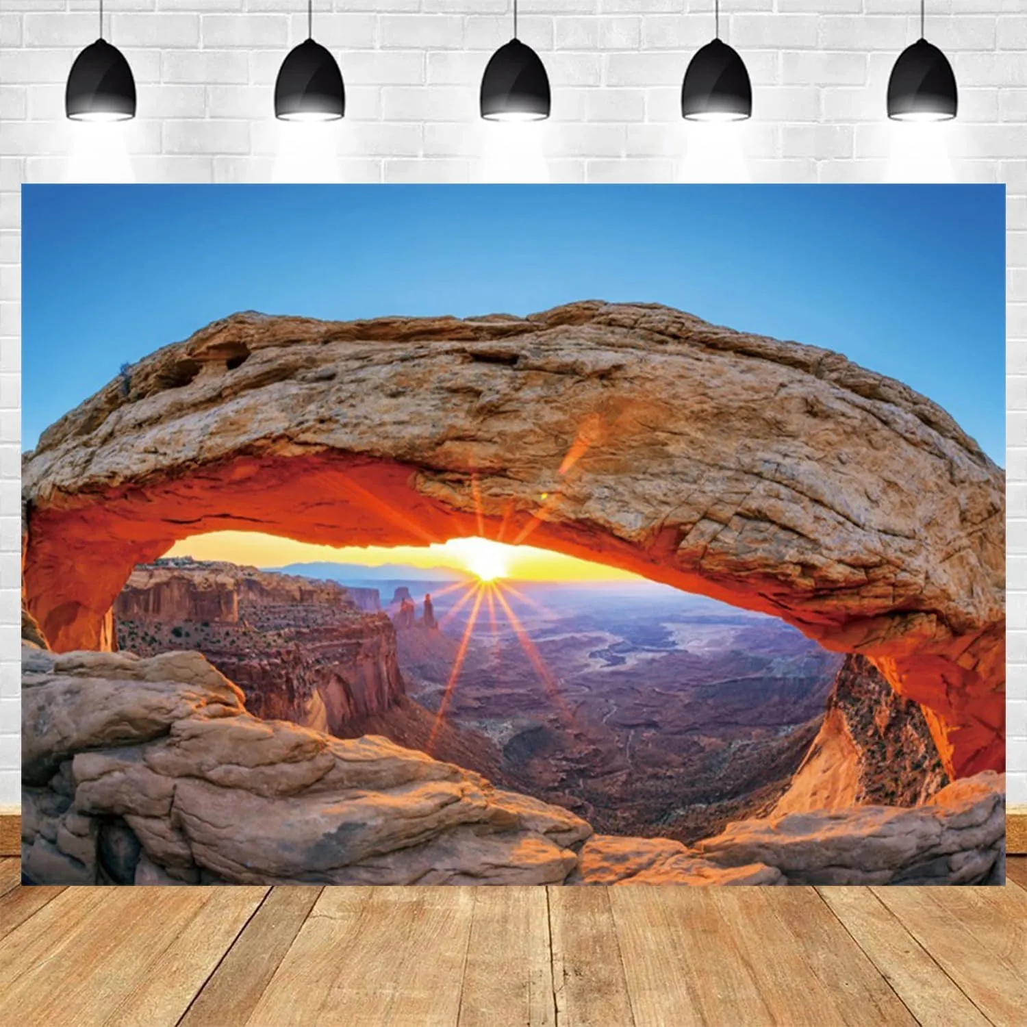 8x6ft Mesa Arch Backdrop Rock Stone Canyonlands National Park Photography Background Sunrise Desert Gobi Oasis Mountain Sun Rays Banner Decorations Natural Desert Landscape Photo Booth Prop