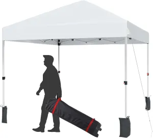 8x8FT Pop Up Canopy Tents, Instant Portable Shelter with Easy One-Person Setup, Adjustable Heights, Wheeled Carry Bag, Bonus Stakes & Ropes, Outdoor Shade for Parties, Patio, Commercial Use,White