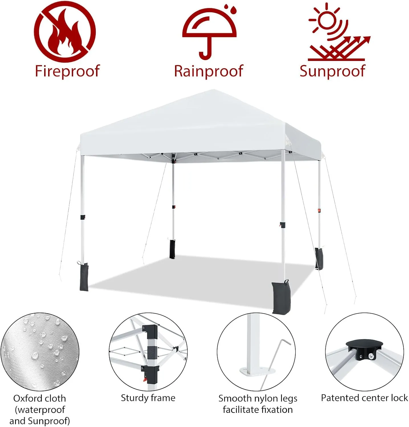 8x8FT Pop Up Canopy Tents, Instant Portable Shelter with Easy One-Person Setup, Adjustable Heights, Wheeled Carry Bag, Bonus Stakes & Ropes, Outdoor Shade for Parties, Patio, Commercial Use,White