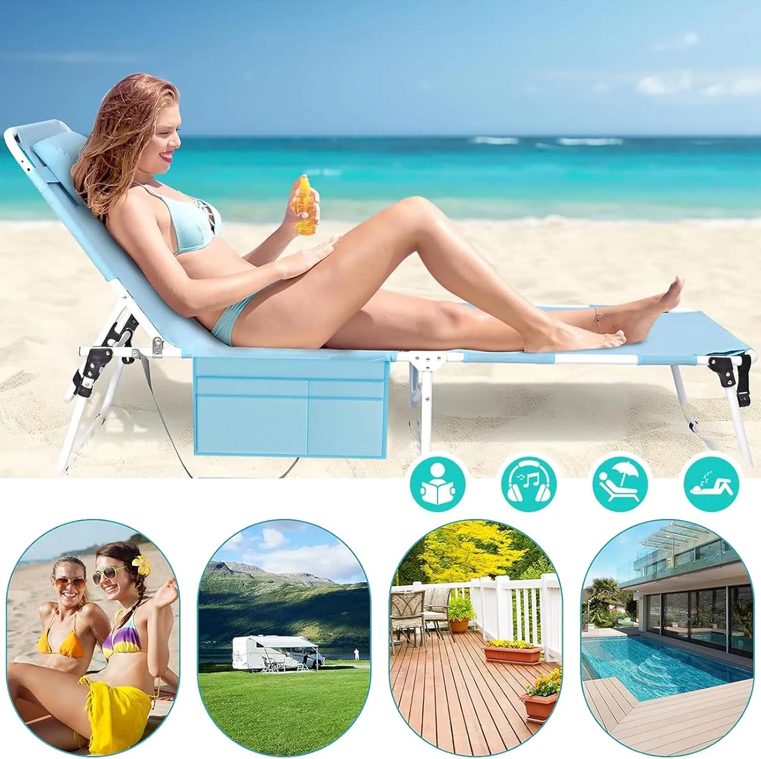 ABORON 4-in-1 Sunbathing Lounge Chair with Removable Cotton Cushion, Adjustable, UV-Resistant, Portable Beach & Pool Chair