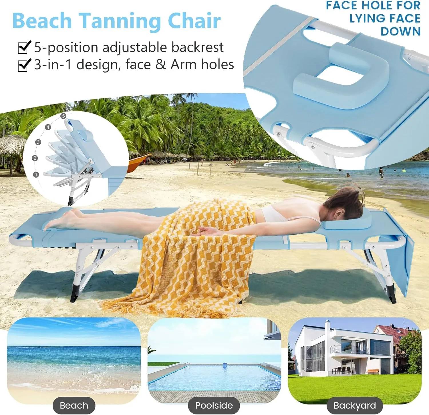 ABORON 4-in-1 Sunbathing Lounge Chair with Removable Cotton Cushion, Adjustable, UV-Resistant, Portable Beach & Pool Chair