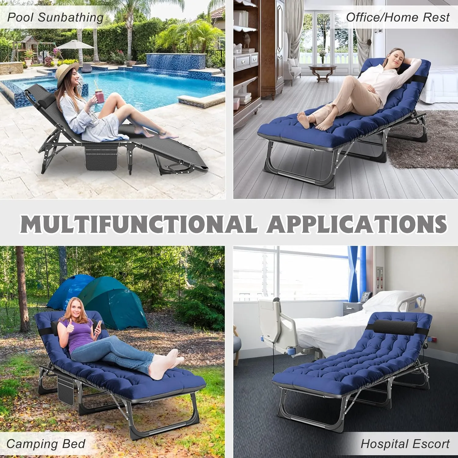 ABORON 5 Positions Camping Cots for Adults,Outdoor Folding Sleeping Cot/Mat,Folding Chaise Lounge Chair with Pillow,Portable Reclining Chair for Beach Lawn Camping Pool,Sunbathing Chairs