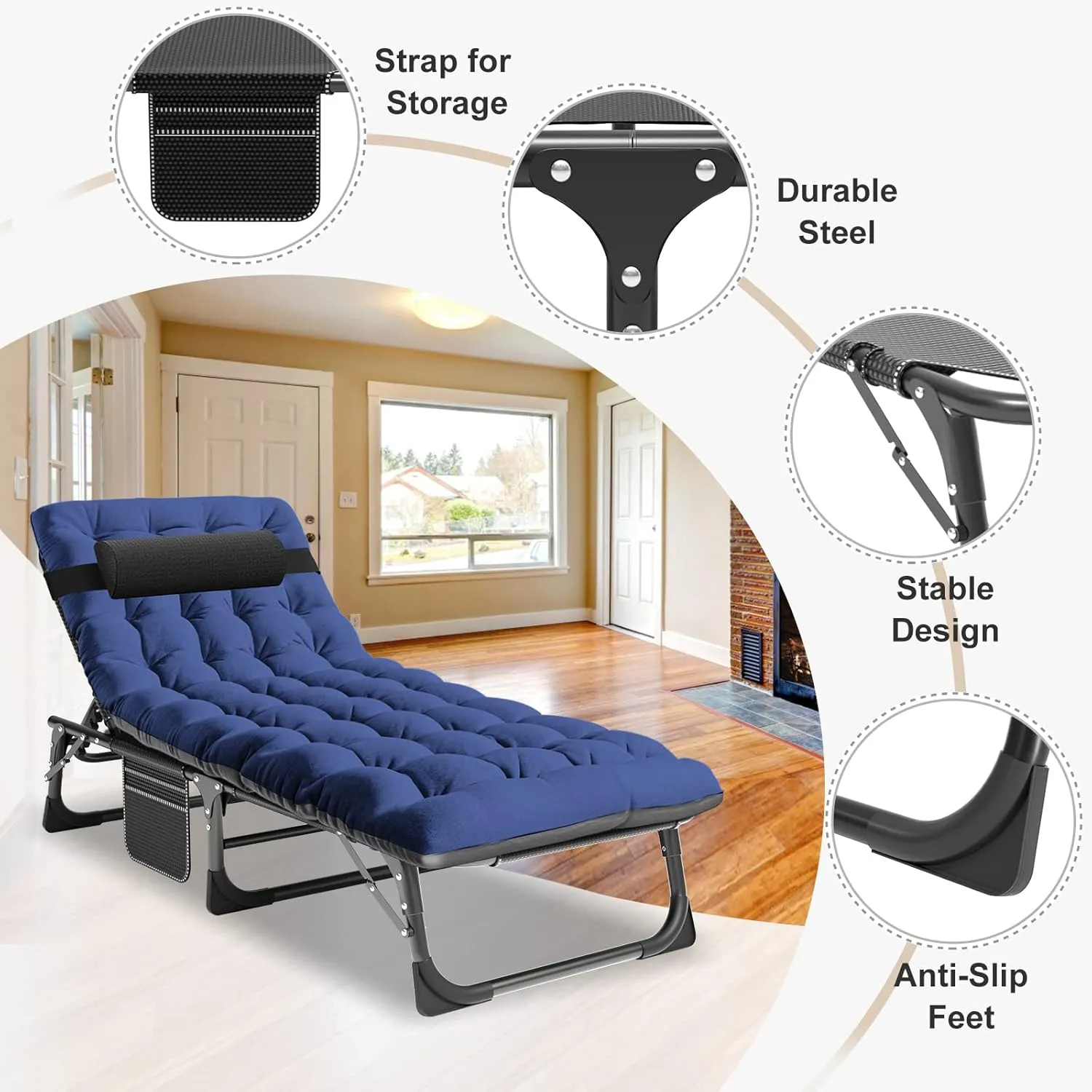 ABORON 5 Positions Camping Cots for Adults,Outdoor Folding Sleeping Cot/Mat,Folding Chaise Lounge Chair with Pillow,Portable Reclining Chair for Beach Lawn Camping Pool,Sunbathing Chairs