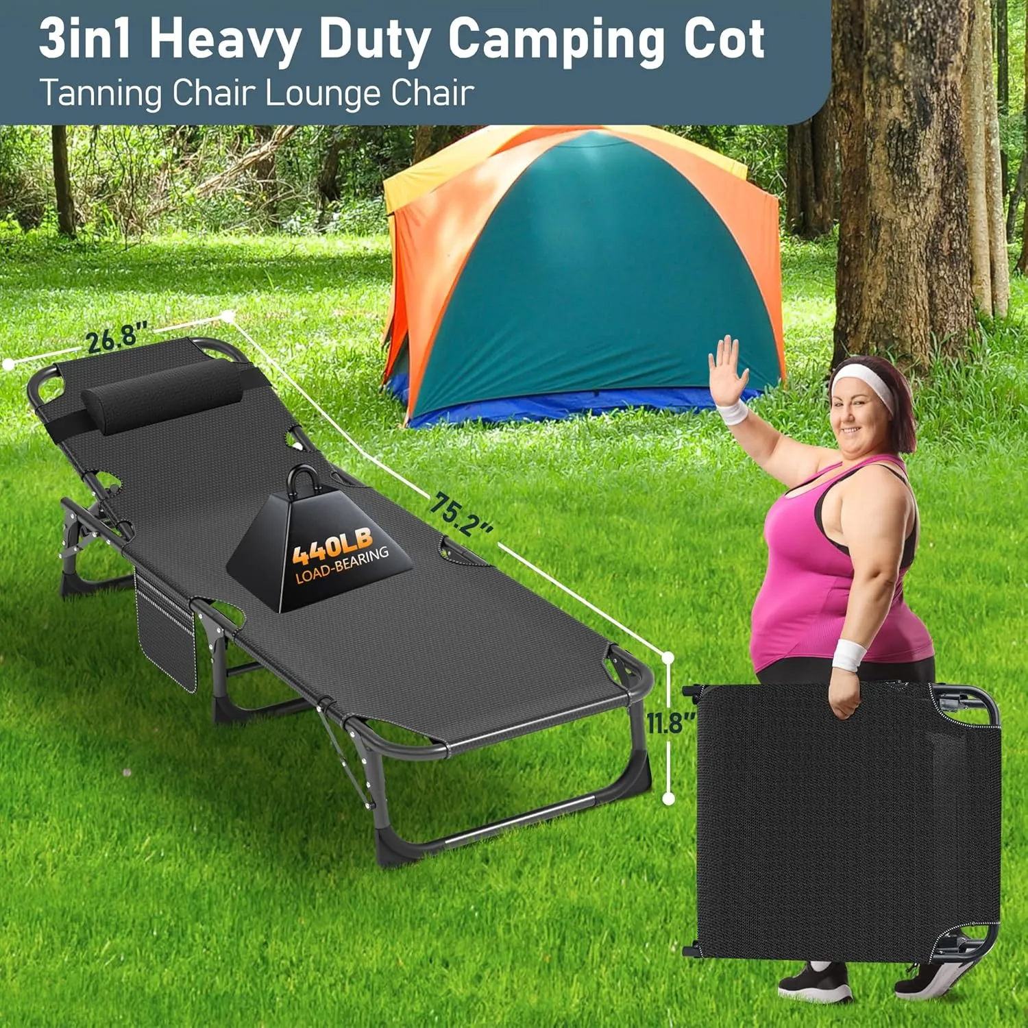 ABORON 5 Positions Camping Cots for Adults,Outdoor Folding Sleeping Cot/Mat,Folding Chaise Lounge Chair with Pillow,Portable Reclining Chair for Beach Lawn Camping Pool,Sunbathing Chairs
