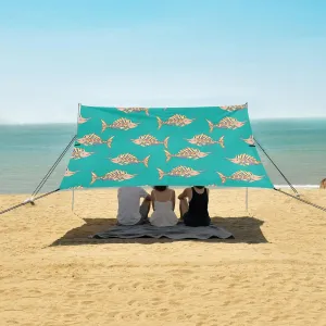 Abstract Swordfish Pattern Beach Canopy Tent Anti-UV & Wind Resistant, Camping Sun Shelter Easy Setup Portable,Outdoor Shade Tents with Sandbags,Sand Shovels,Ground Pegs & Stability Poles