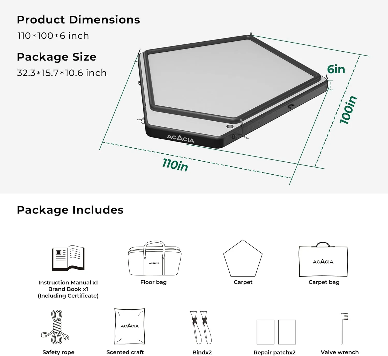 ACACIA Air Floor 2-3 Person for Space Camping System, 4-Layer, 6-Inch-Thick Inflatable Floor for Floating Tent, Waterproof Moistureproof Camping Base with Removable Carpet, Repair Patch, Carry Bag