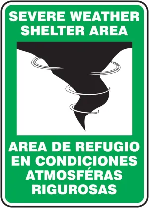 Accuform SBMFEX524VA Aluminum Spanish Bilingual Safety Sign Legend "SEVERE WEATHER SHELTER AREA/AREA DE REFUGIO EN CONDICIONES ATMOSFERAS RIGUROSAS" with Graphic, 14" x 10" Width, White/Black on Green