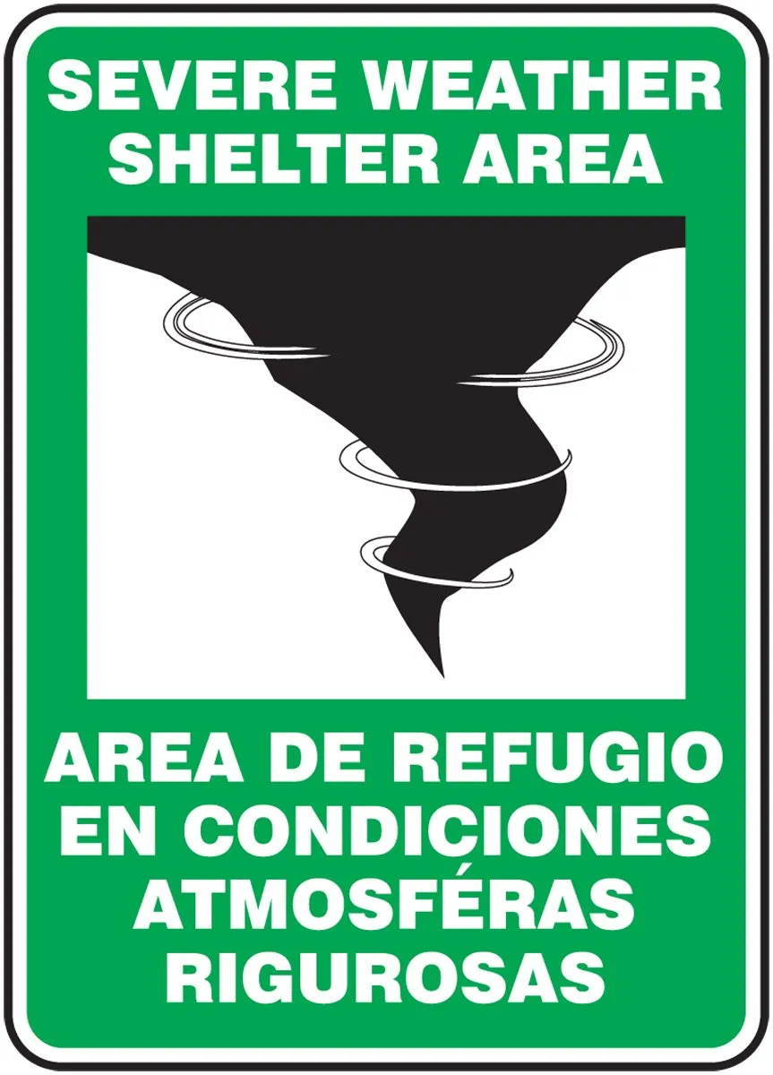 Accuform SBMFEX524VA Aluminum Spanish Bilingual Safety Sign Legend "SEVERE WEATHER SHELTER AREA/AREA DE REFUGIO EN CONDICIONES ATMOSFERAS RIGUROSAS" with Graphic, 14" x 10" Width, White/Black on Green