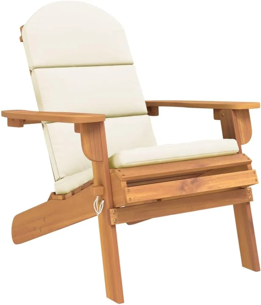Adirondack Patio Chair with Cushions Solid Acacia Wood Outdoor Lounge Chair Foldable Design Wide Armrests Comfortable Reclining Angle for Poolside Backyard Deck Lawn