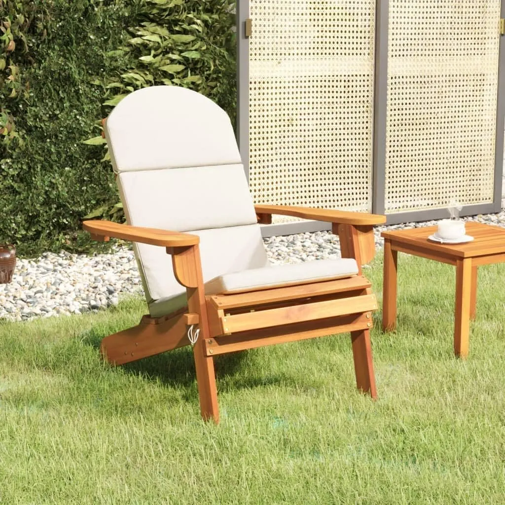 Adirondack Patio Chair with Cushions Solid Acacia Wood Outdoor Lounge Chair Foldable Design Wide Armrests Comfortable Reclining Angle for Poolside Backyard Deck Lawn