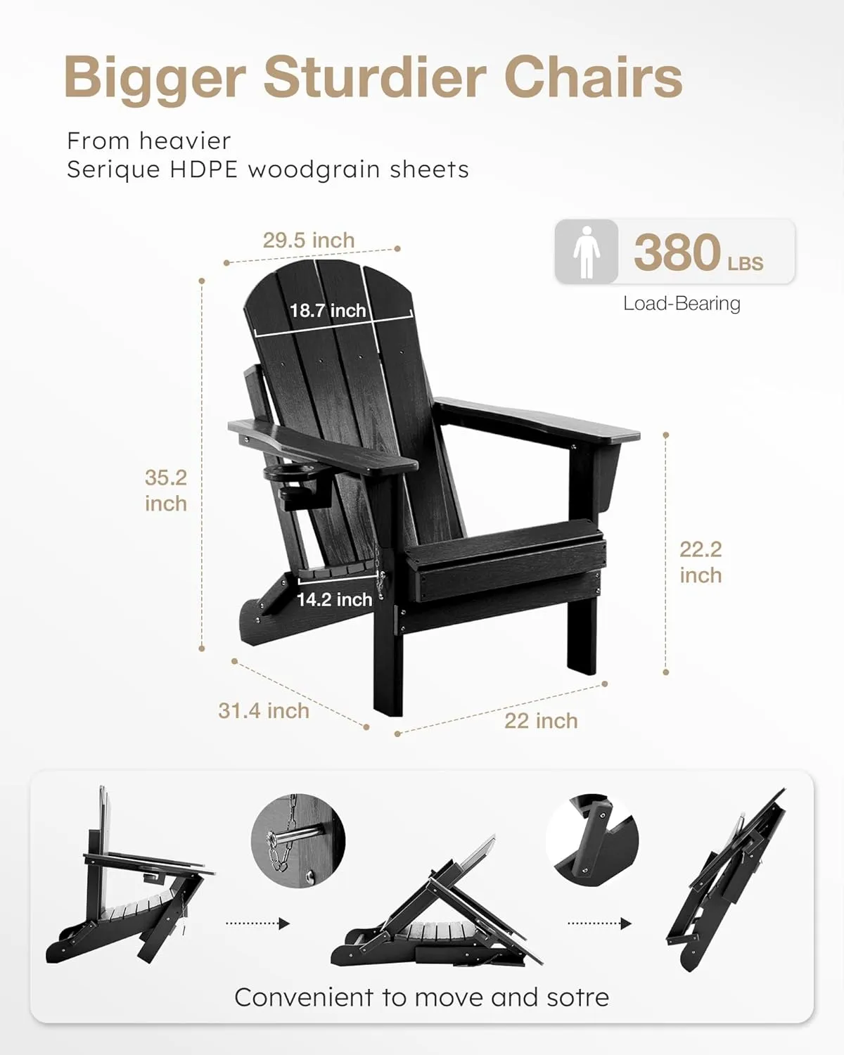 Adjustable Folding Adirondack Chair with Wood Texture, Weather Resistant HDPE Reclining Chair, Oversized Patio Chair with Cup Holder for Patio, Yard, Lawn, Garden, Deck (Black)