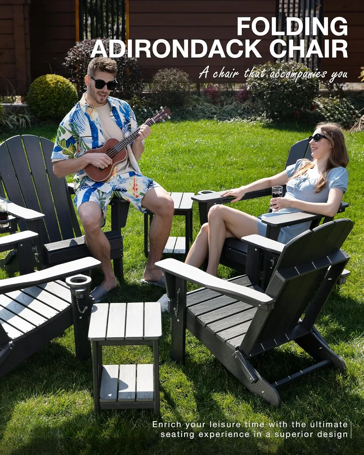 Adjustable Folding Adirondack Chair with Wood Texture, Weather Resistant HDPE Reclining Chair, Oversized Patio Chair with Cup Holder for Patio, Yard, Lawn, Garden, Deck (Black)