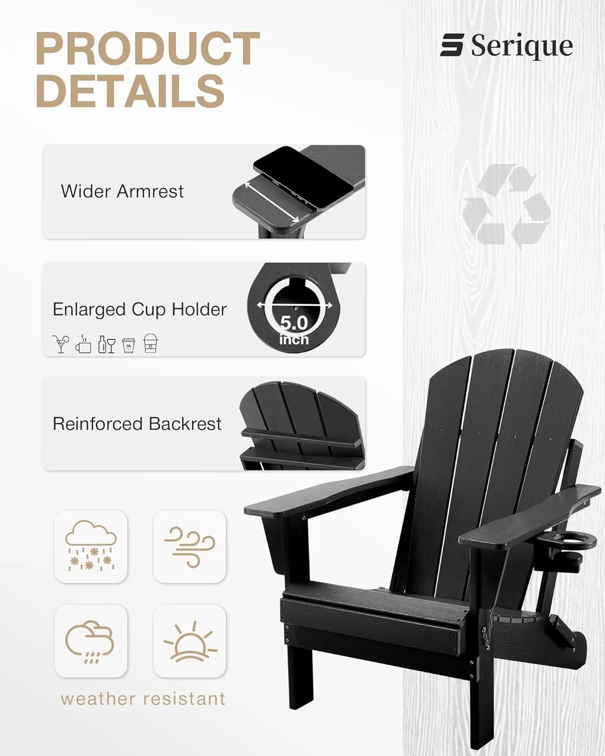Adjustable Folding Adirondack Chair with Wood Texture, Weather Resistant HDPE Reclining Chair, Oversized Patio Chair with Cup Holder for Patio, Yard, Lawn, Garden, Deck (Black)