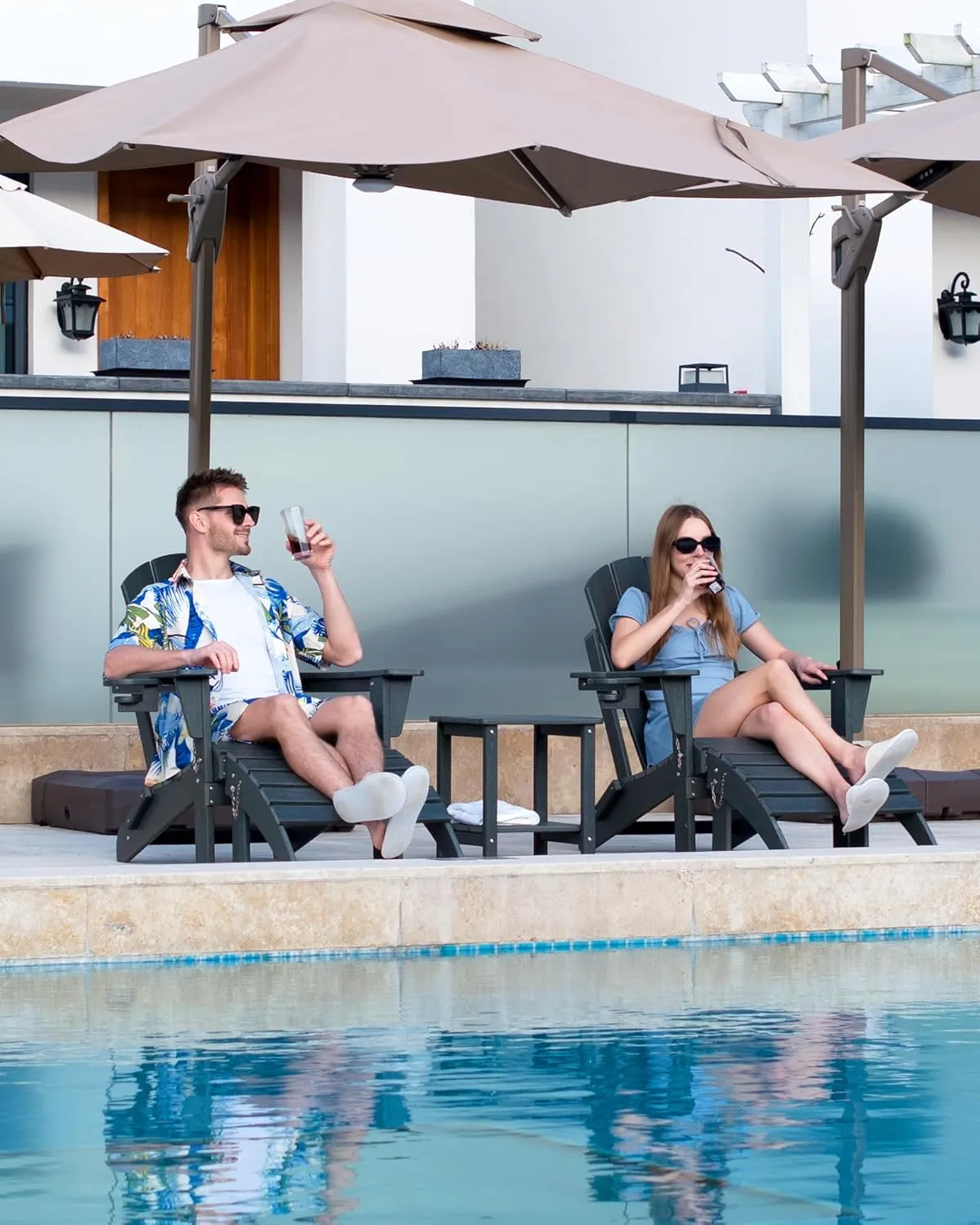 Adjustable Folding Adirondack Chair with Wood Texture, Weather Resistant HDPE Reclining Chair, Oversized Patio Chair with Cup Holder for Patio, Yard, Lawn, Garden, Deck (Black)
