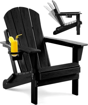 Adjustable Folding Adirondack Chair with Wood Texture, Weather Resistant HDPE Reclining Chair, Oversized Patio Chair with Cup Holder for Patio, Yard, Lawn, Garden, Deck (Black)