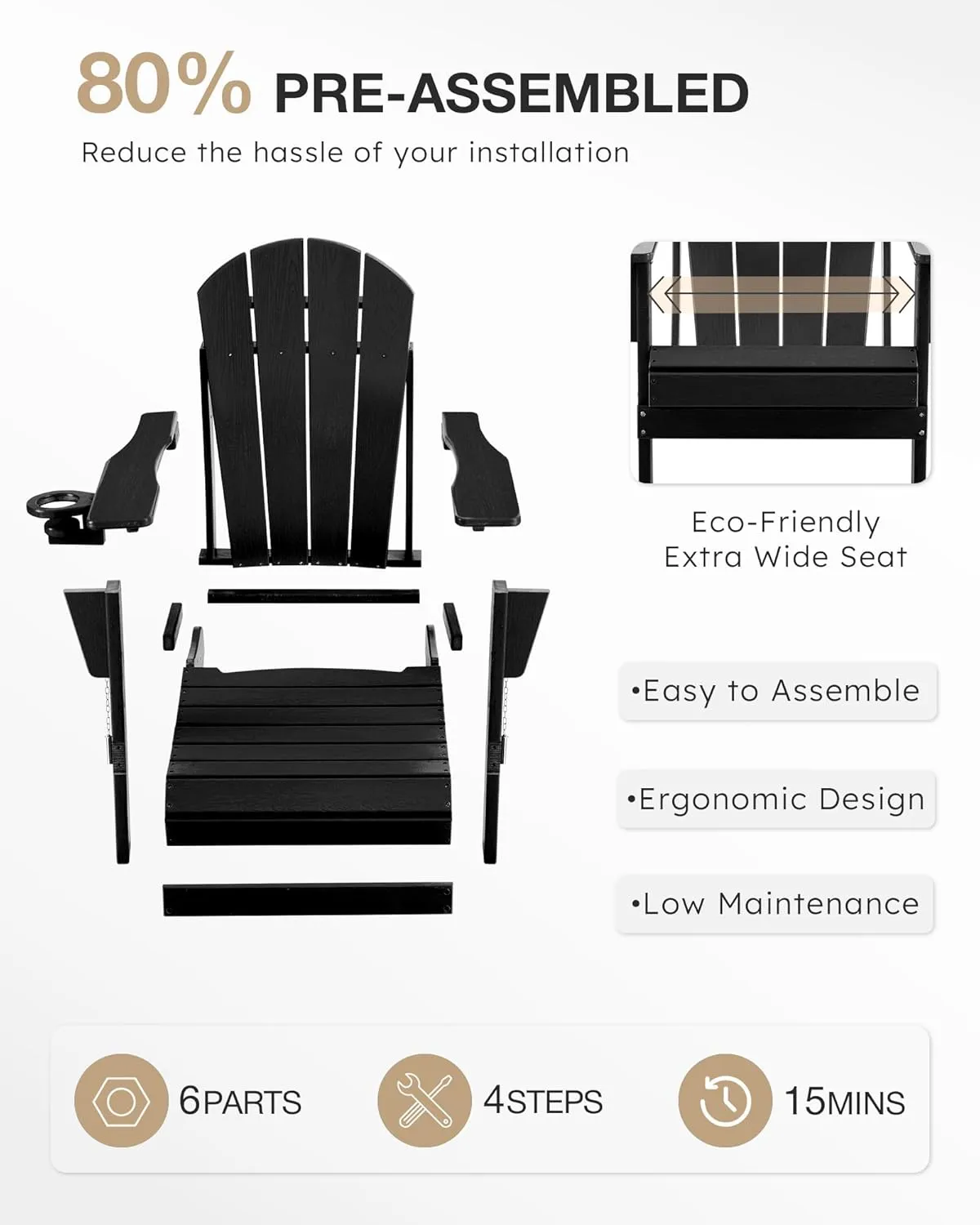 Adjustable Folding Adirondack Chair with Wood Texture, Weather Resistant HDPE Reclining Chair, Oversized Patio Chair with Cup Holder for Patio, Yard, Lawn, Garden, Deck (Black)