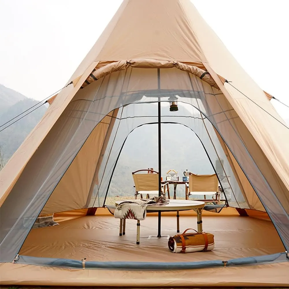 Adult Indian Teepee Tent, Pyramid Tent Double Layer Waterproof 5-8 Person Camping Tent for Camping, Backpacking, Thru-Hiking and Kayaking or Canoeing, 450X390X300CM, Khaki