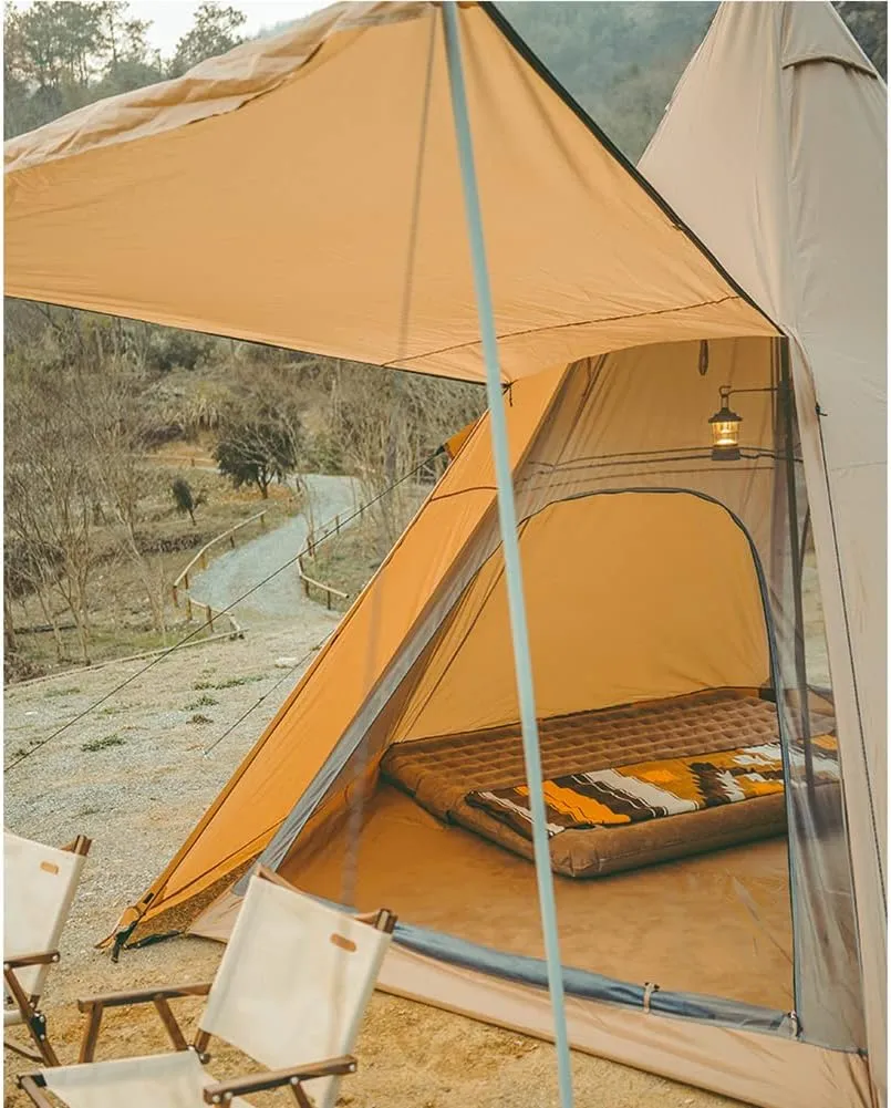 Adult Indian Teepee Tent, Pyramid Tent Double Layer Waterproof 5-8 Person Camping Tent for Camping, Backpacking, Thru-Hiking and Kayaking or Canoeing, 450X390X300CM, Khaki