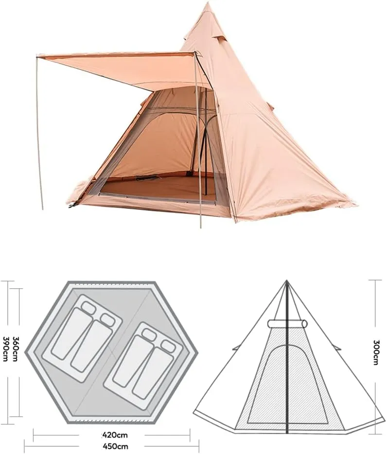 Adult Indian Teepee Tent, Pyramid Tent Double Layer Waterproof 5-8 Person Camping Tent for Camping, Backpacking, Thru-Hiking and Kayaking or Canoeing, 450X390X300CM, Khaki