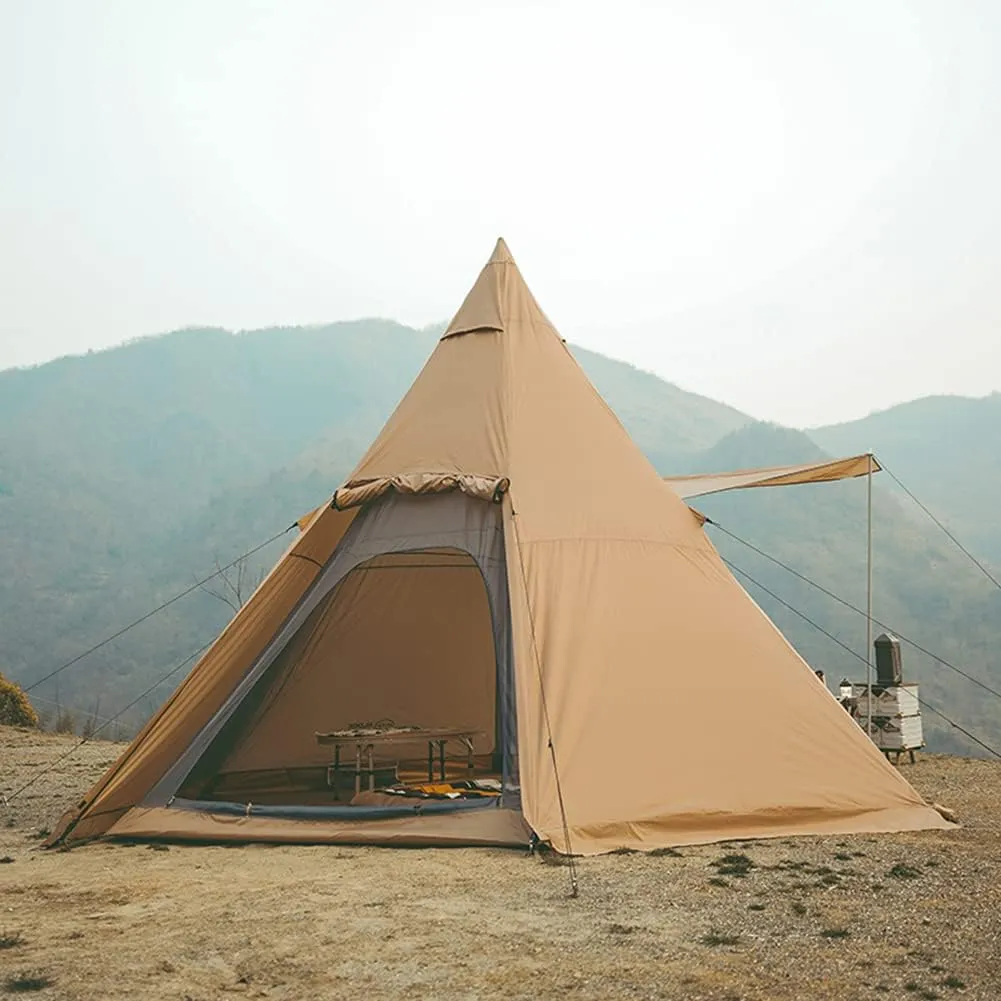 Adult Indian Teepee Tent, Pyramid Tent Double Layer Waterproof 5-8 Person Camping Tent for Camping, Backpacking, Thru-Hiking and Kayaking or Canoeing, 450X390X300CM, Khaki